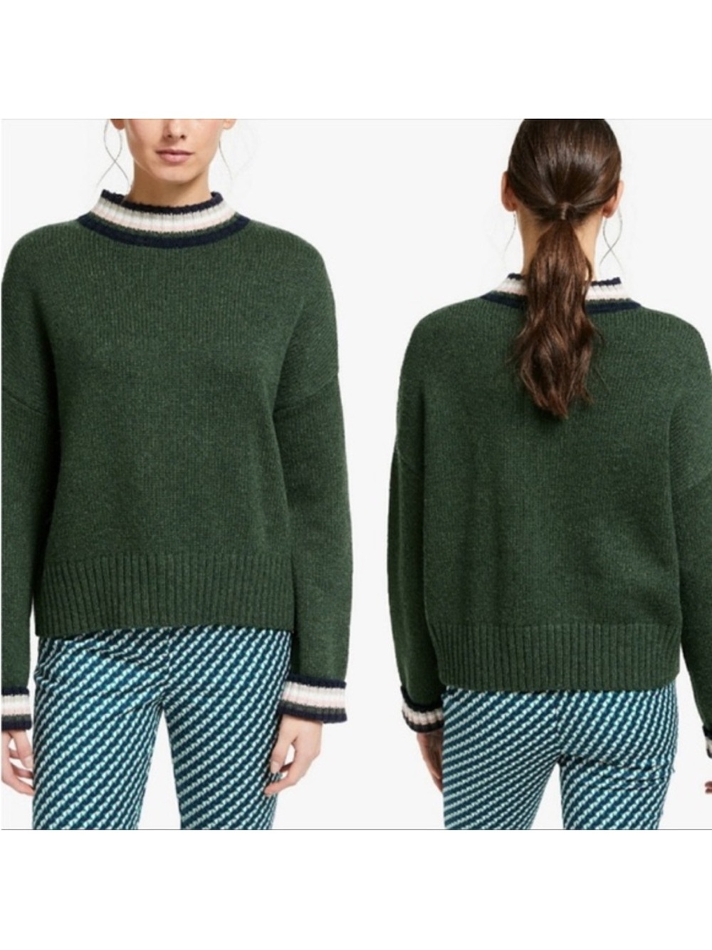 Boden Lily Mock Neck Green Wool Alpaca Sweater With Striped Collar Size S - Picture 3 of 7